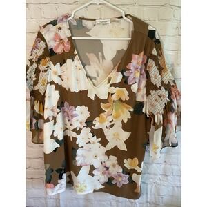 Calvin Klein Woman V Neck Ruffle Arms Blouse Size 2XL Perfect Fall Floral Top‎